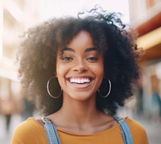 Woman with white teeth smiling while walking outside
