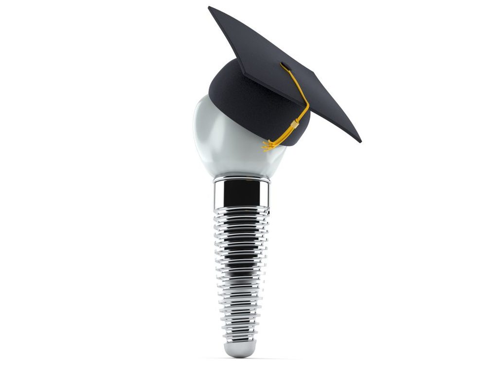 A CGI of a dental implant in a graduation hat